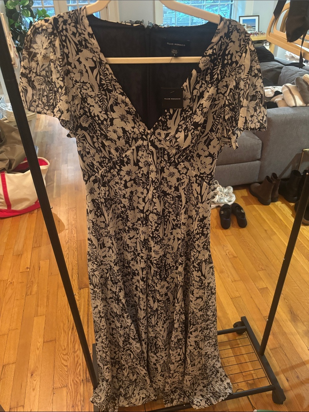 Club Monaco Black & Cream Floral V-Neck Maxi Dress with Flutter Sleeves